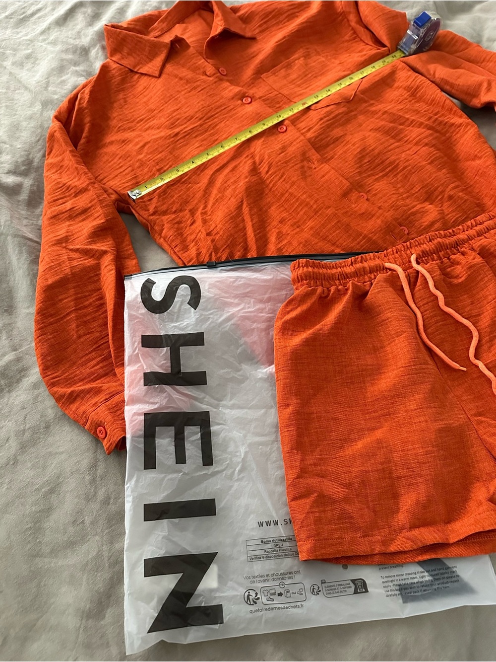 SHEIN Bright Orange Textured Button-Up Shirt & Drawstring Shorts Set